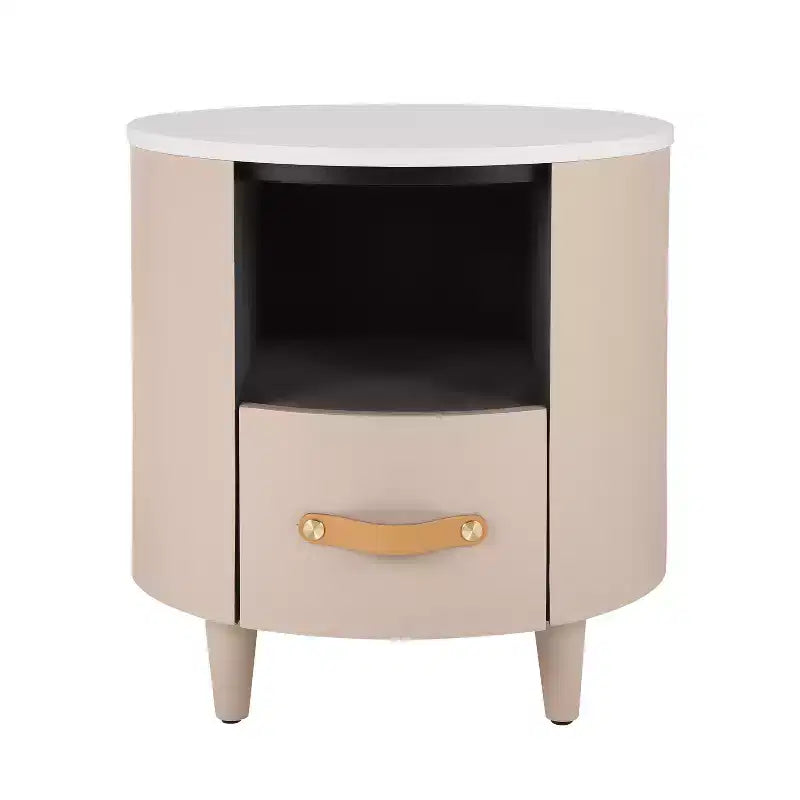 Table de chevet ronde moderne avec tiroir de rangement et étagère ouverte
