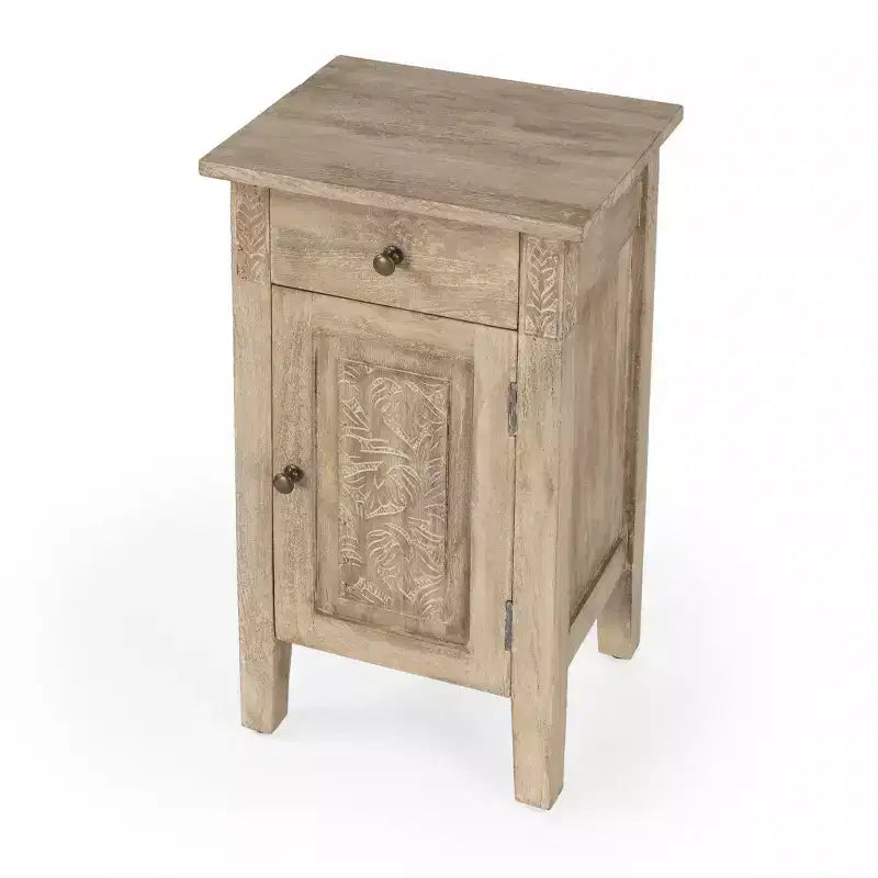 HomeRoots 24 Natural Brown Solid Wood End Table With Cabinet and Drawer