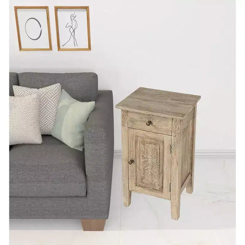 Table d'appoint en bois massif brun naturel avec armoire et tiroir