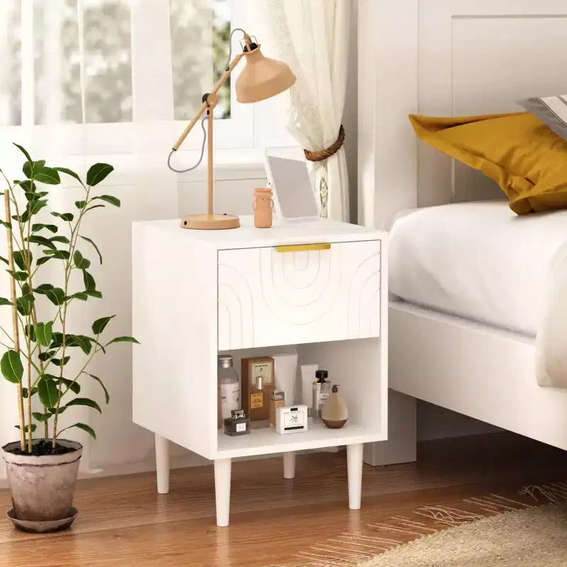 Modern Nightstand Wood White Nightstand End Table Accent Table Side Table with Drawer &amp; Shelf - ModernLuxe