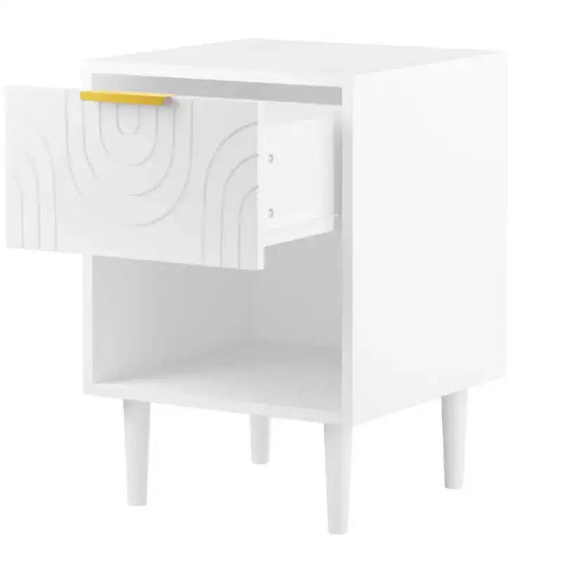 Table de Chevet Moderne en Bois Blanc avec Tiroir et Étagère