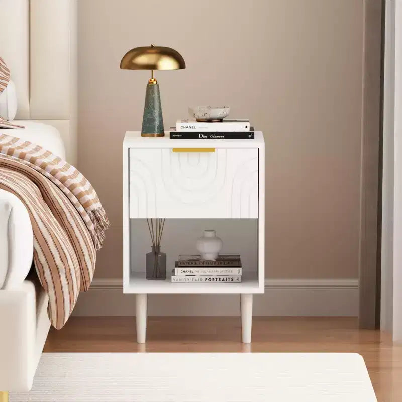 Table de Chevet Moderne en Bois Blanc avec Tiroir et Étagère