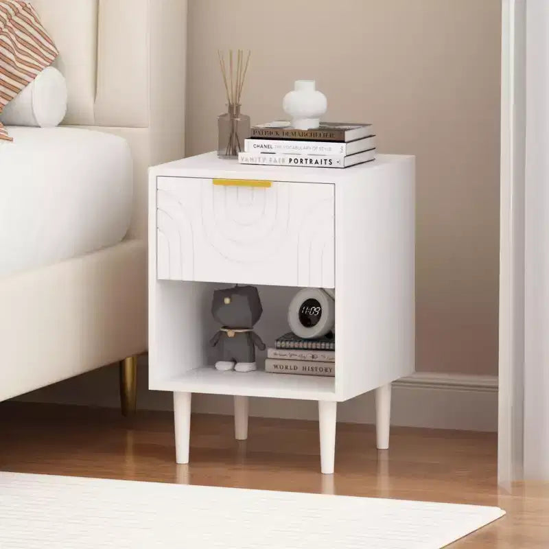 Table de Chevet Moderne en Bois Blanc avec Tiroir et Étagère