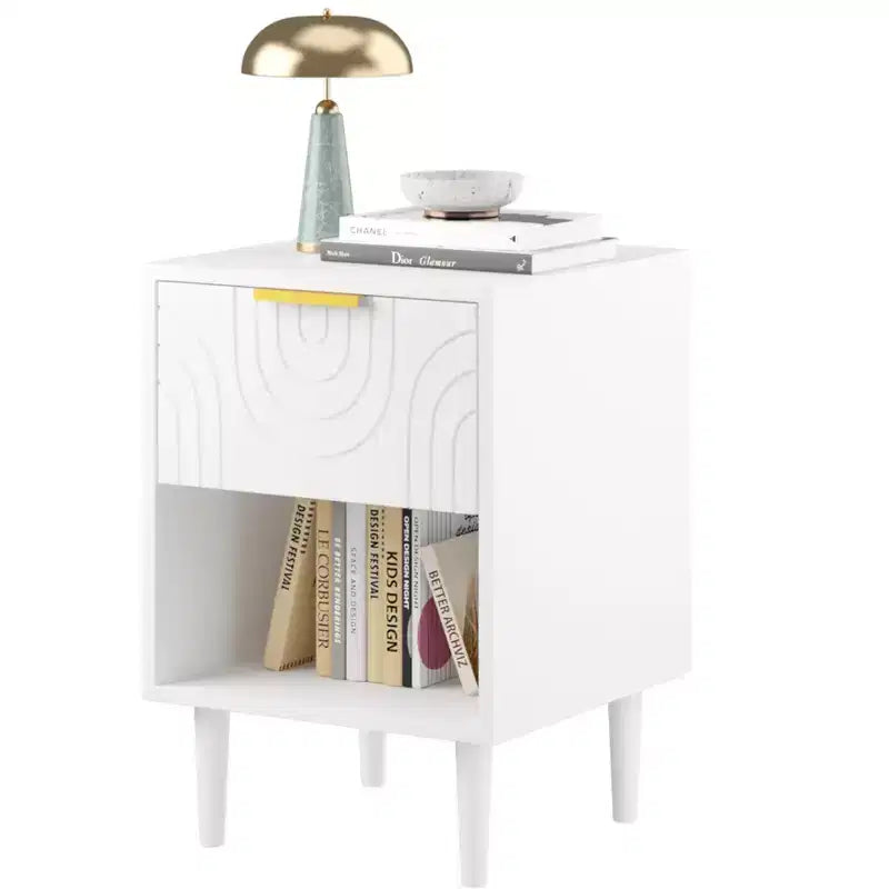 Table de Chevet Moderne en Bois Blanc avec Tiroir et Étagère
