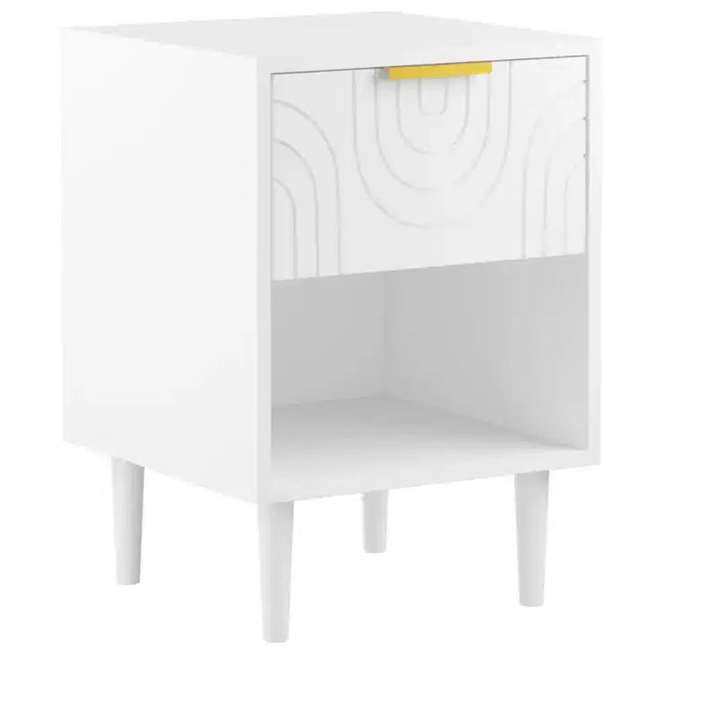 Table de Chevet Moderne en Bois Blanc avec Tiroir et Étagère