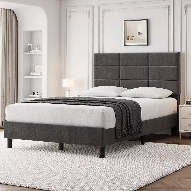 Bed Frame with Adjustable Headboard, Linen Upholstered Platform Bed with Wooden Slats Support, Mattress Foundation, Grey