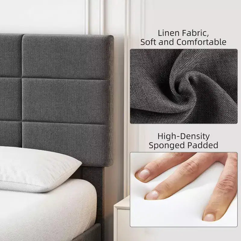 Cadre de lit avec tête de lit réglable, lit plateforme tapissé de lin