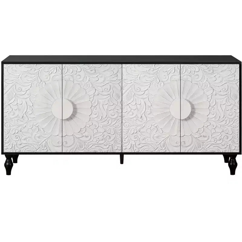 HomeRoots 68 Black and White Distressed Carved Floral Sideboard with Four Doors