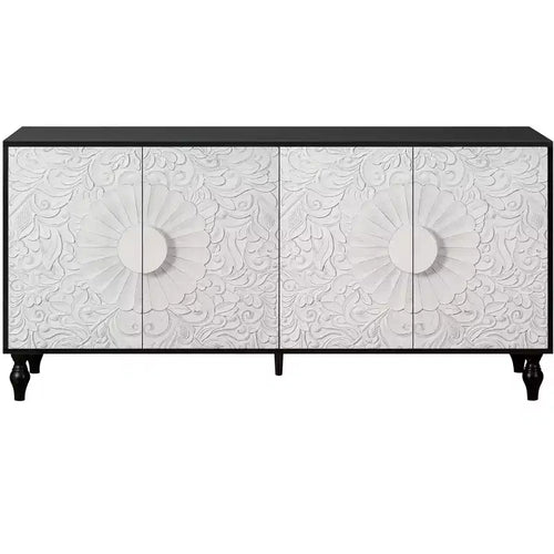 HomeRoots 68 Black and White Distressed Carved Floral Sideboard with Four Doors