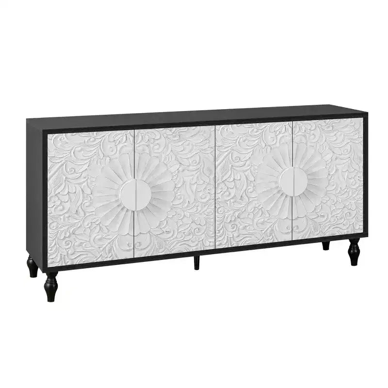 Vaisselier floral sculpté vieilli noir et blanc de 68 po avec quatre portes
