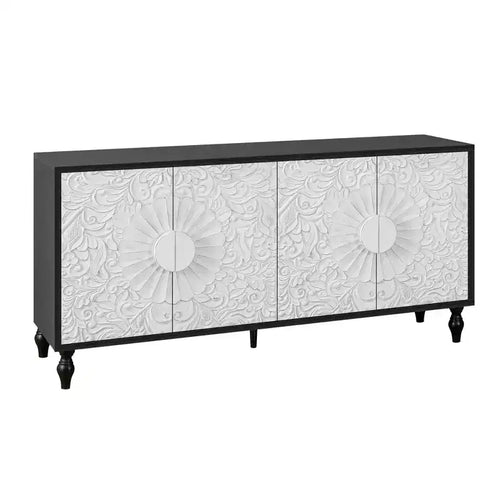 Vaisselier floral sculpté vieilli noir et blanc de 68 po avec quatre portes