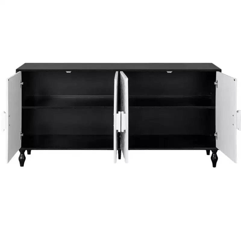 Vaisselier floral sculpté vieilli noir et blanc de 68 po avec quatre portes