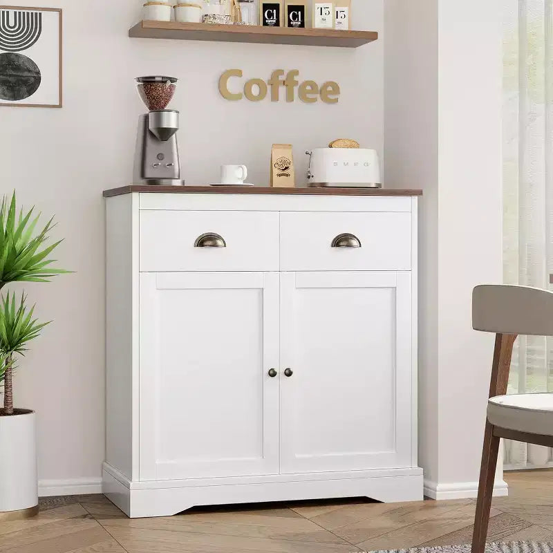 Modern Farmhouse Coffee Bar Cabinet  White Buffet with 2 Doors, 2 Drawers &amp; Adjustable Shelf for Kitchen, Dining, or Living Room