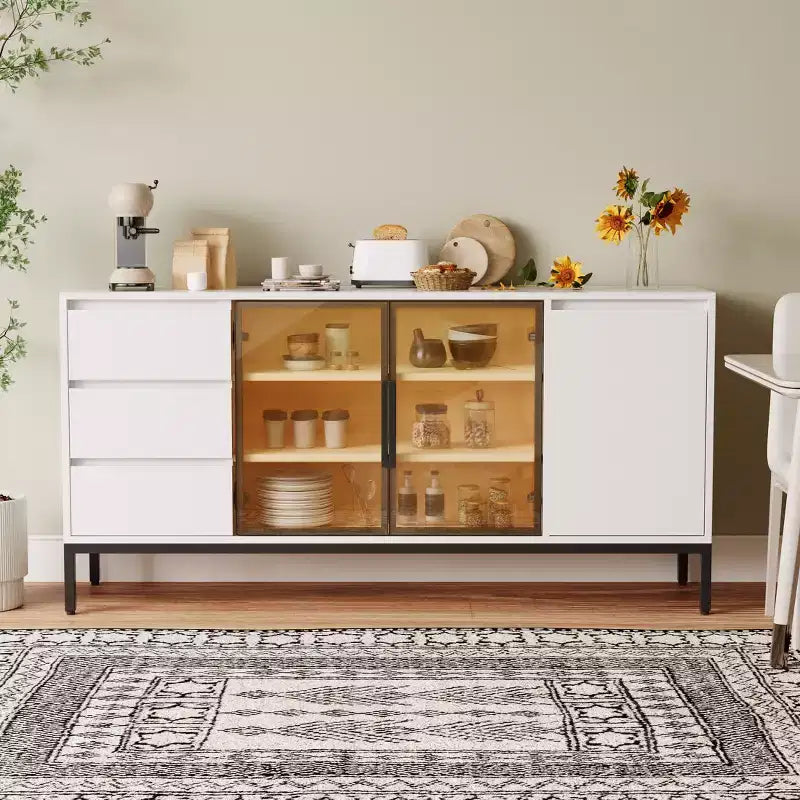 63 Sideboard Buffet Cabinet, Wood Coffee Bar Cabinet with Glass Door &amp; Drawers, Modern Media Console Table, Kitchen Pantry Cabinet for Living Room