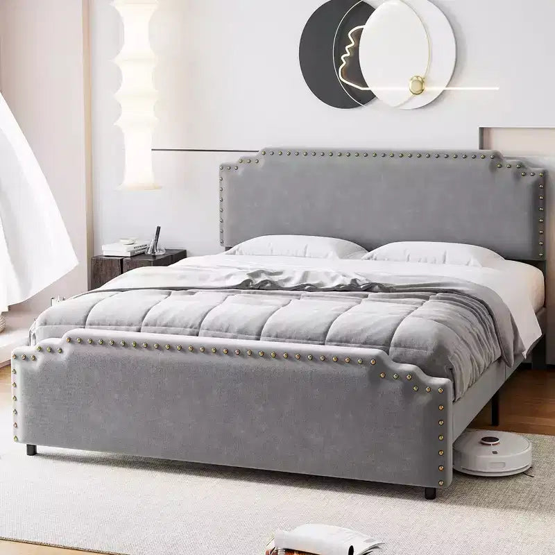 Bed Frame, Velvet Upholstered Platform Bed Frame with Rivet Decor Headboard, Strong Wood Slat Support, No Box Spring Needed, Grey