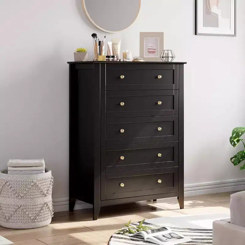 5 Chest Drawer Dresser, Modern and Stylish Dresser with Round Handle, Wood Storage Organizer with Ample Storage Space for Bedroom, Living Room, Black