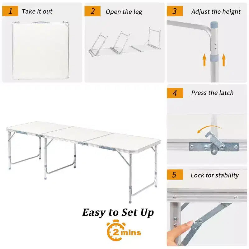 Table de camping pliante d'extérieur rectangulaire de 1,8 m