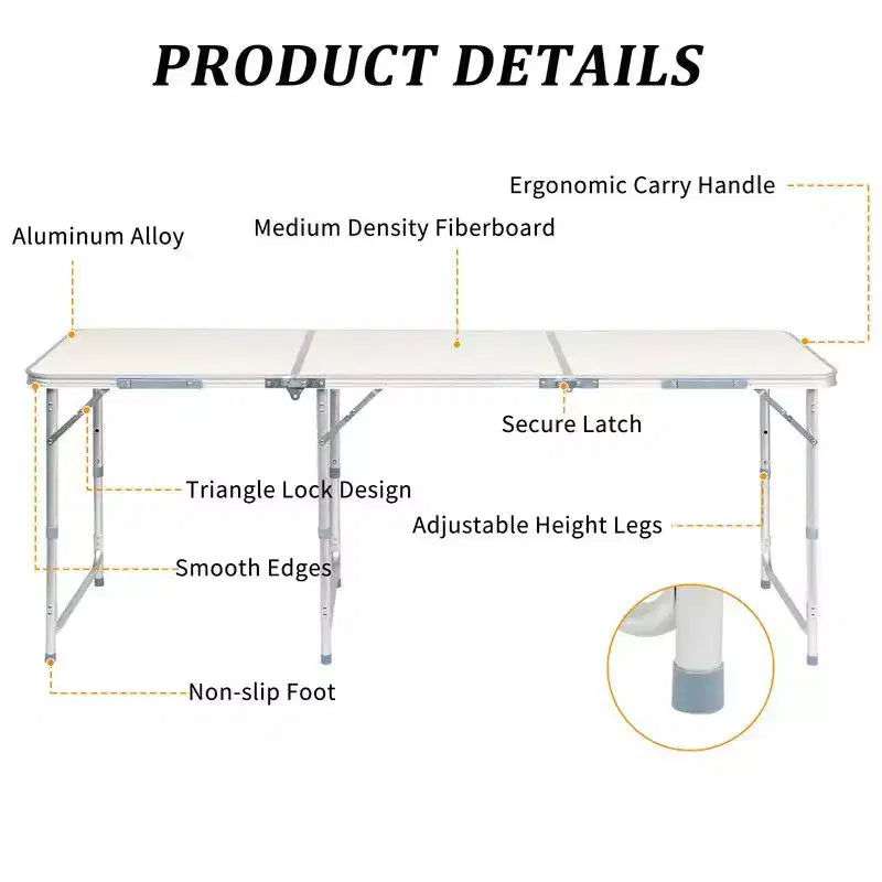 Table de camping pliante d'extérieur rectangulaire de 1,8 m
