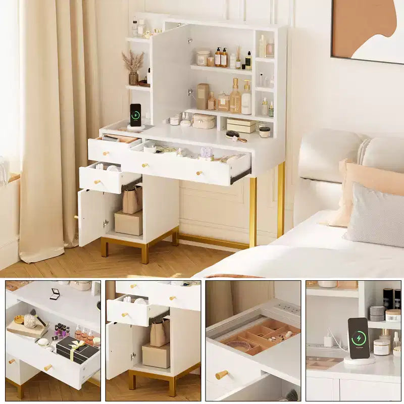 Makeup Table, Vanity Desk Dressing Table with LED Lighted Mirror &amp; Power Outlet, 3 Lighting Modes