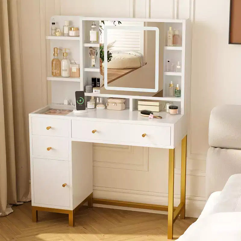 Coiffeuse avec miroir lumineux LED et prise électrique