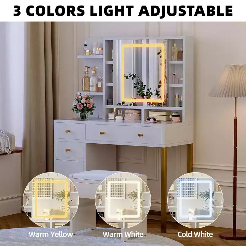Coiffeuse avec miroir lumineux LED et prise électrique