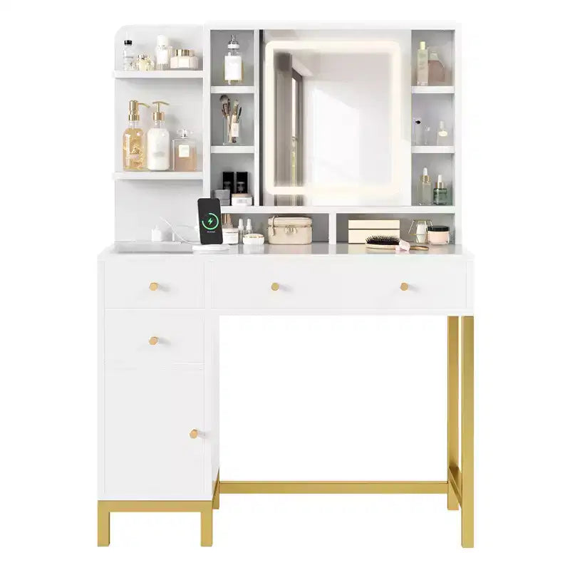 Coiffeuse avec miroir lumineux LED et prise électrique
