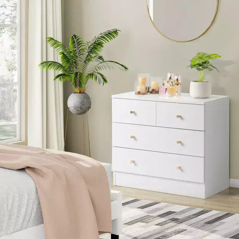Commode 4 tiroirs en panneau de particules blanc, 66 cm de large