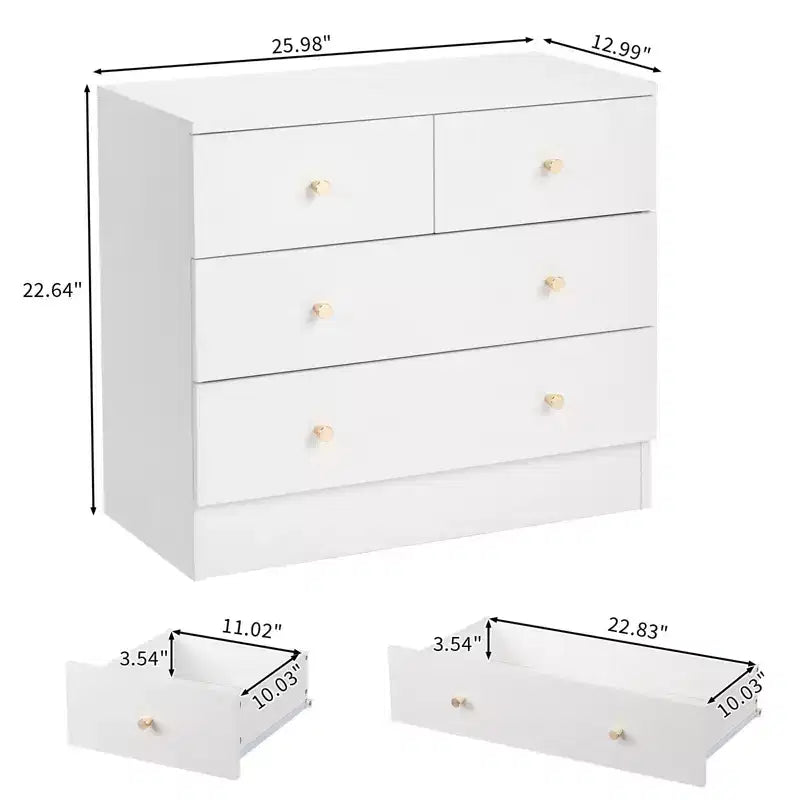 Commode 4 tiroirs en panneau de particules blanc, 66 cm de large