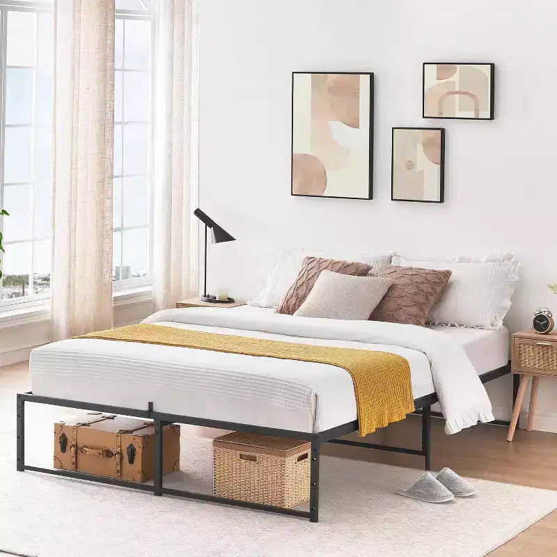 3-in-1 Steel Platform Bed Frame  Twin/Full/Queen Heavy Duty 14 Metal Frame (No Box Spring), Noise-Free &amp; Tool-Free Assembly for Apartments