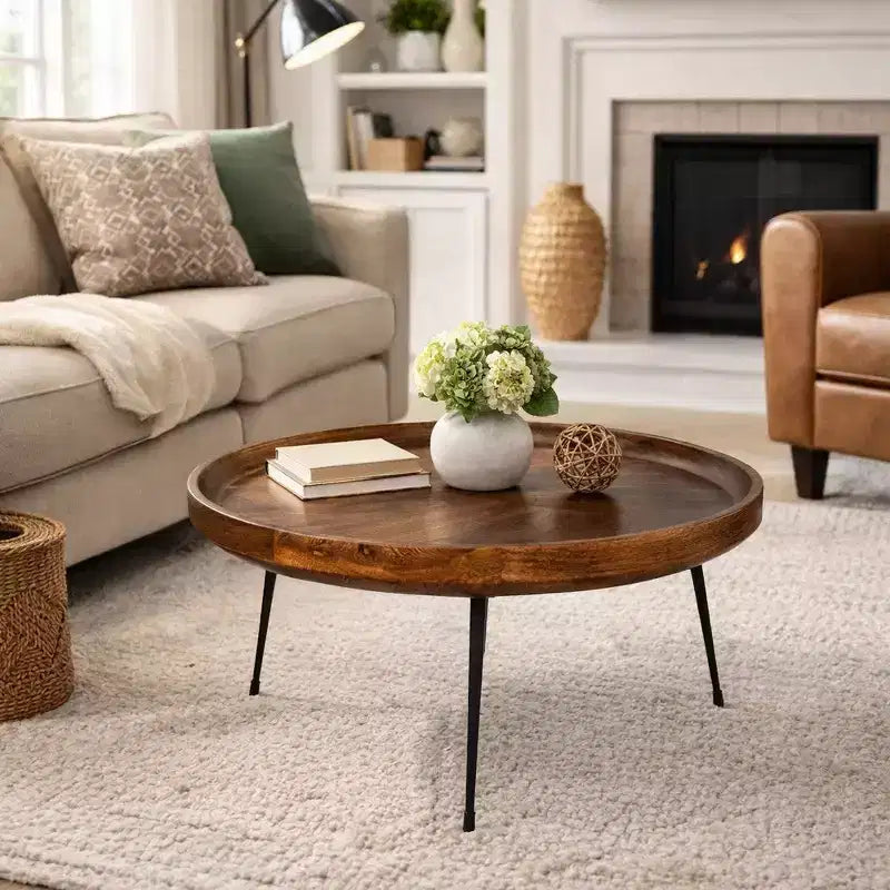 Royal Hampton Handcrafted Round Mango Wood Coffee Table with Tray Top, Dark Walnut Brown, Black Iron Legs