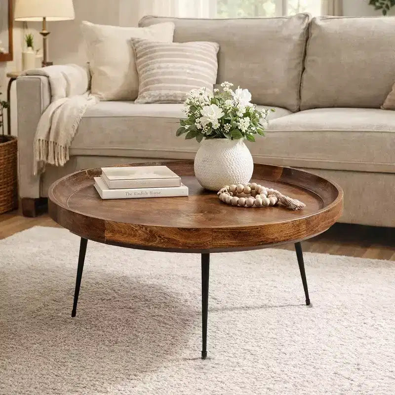 Table basse ronde fabriquée à la main en bois de manguier