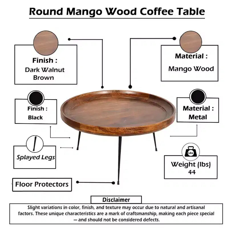 Table basse ronde fabriquée à la main en bois de manguier