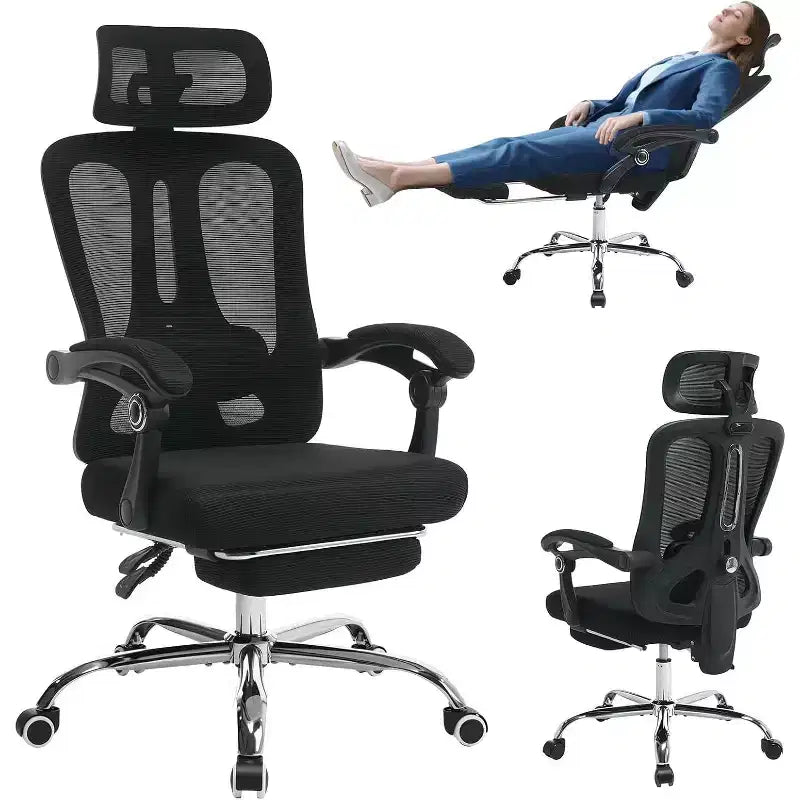 Ergonomic Mesh Office Chair with Adjustable Headrest &amp; Lumbar Support, Retractable Footrest, Swivel Desk Chair with Wheels, Black