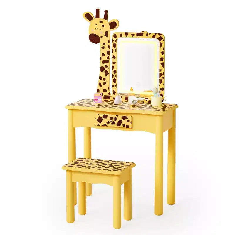 JOYMOR Kids Vanity Table and Chair Set with Lights &amp; Wooden Legs, LED Lighted Girls Makeup Vanity, Giraffe Design