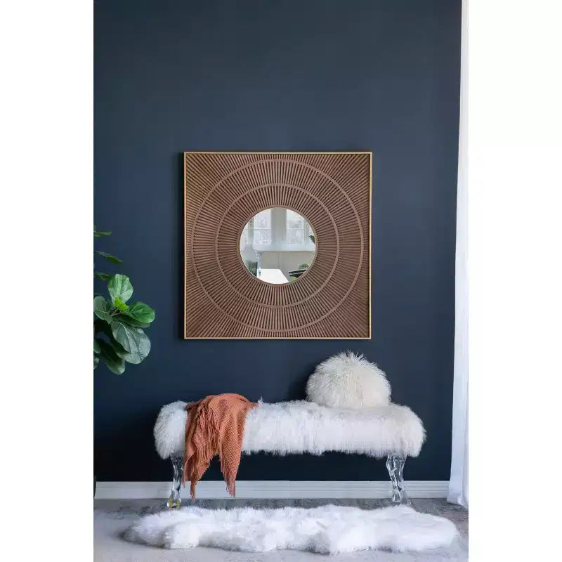 40 x 40 Inch Square Carved Wall Mirror with Pleated Design and Gold Iron Frame