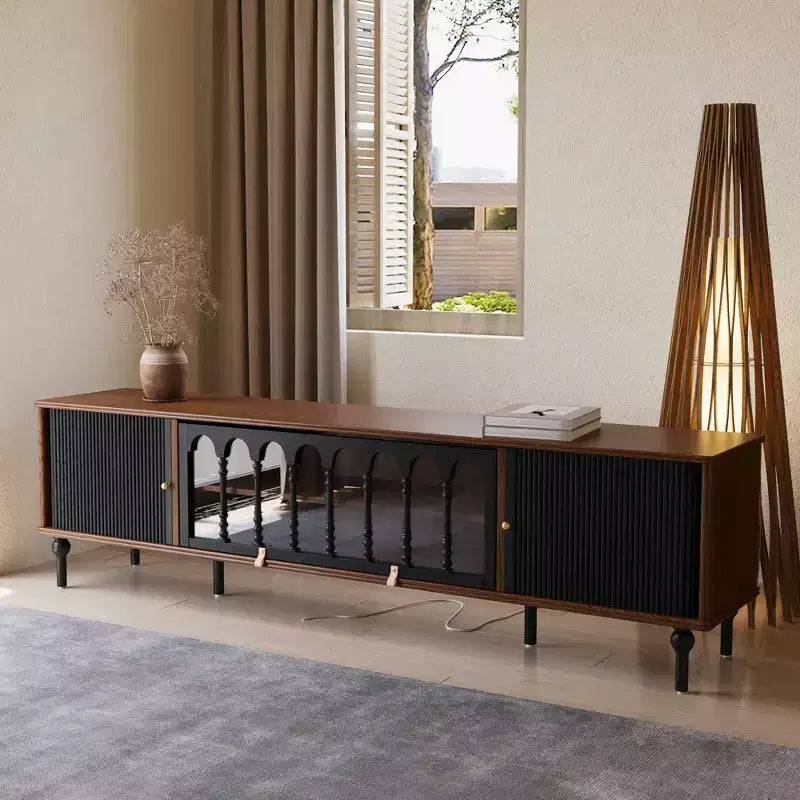 Luck Live Mid-Century Modern 78.74 TV Stand with Sliding Doors, Arched Glass Panels, Metal Handles, Solid Wood Legs &amp; Cable Management