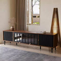 Luck Live Mid-Century Modern 78.74 TV Stand with Sliding Doors, Arched Glass Panels, Metal Handles, Solid Wood Legs &amp; Cable Management
