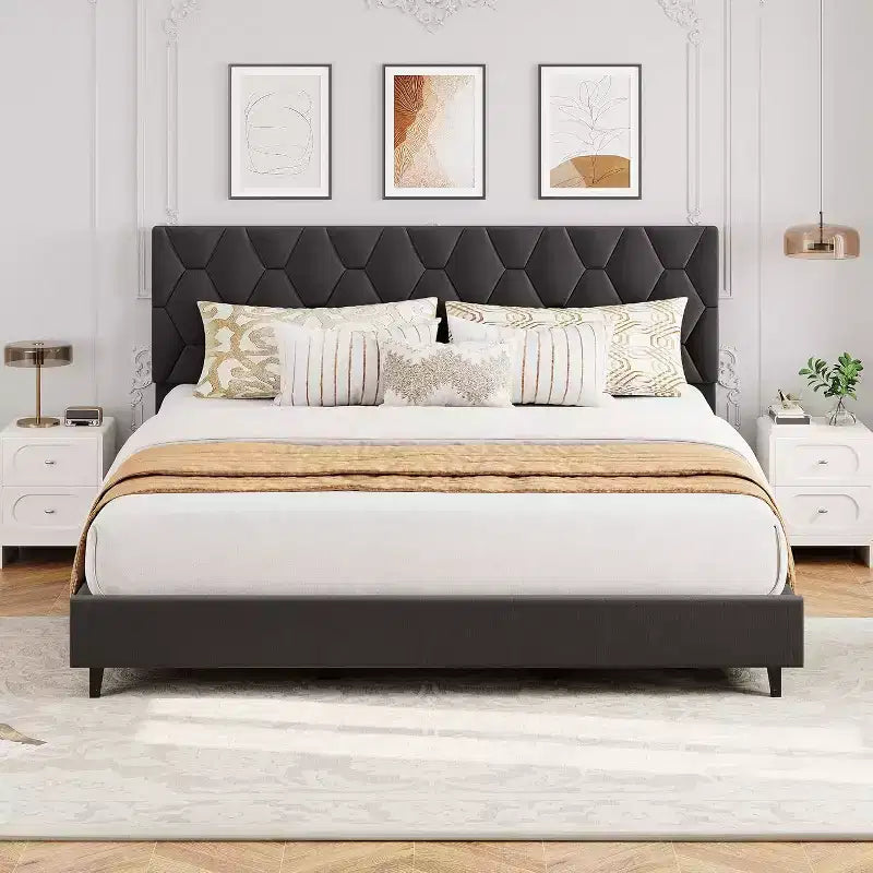 King Size Bed Frame with Upholstered Headboard and Wooden Slats Support, Upholstered Mattress Foundation/No Box Spring Needed/Easy Assembly, Grey