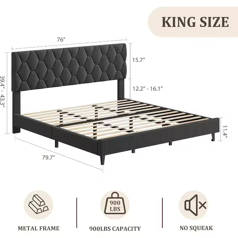 Cadre de lit King Size avec tête de lit capitonnée et support à lattes en bois, base de matelas rembourrée/sommier tapissier non requis/montage facile, gris