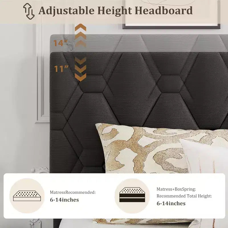 Cadre de lit King Size avec tête de lit capitonnée et support à lattes en bois, base de matelas rembourrée/sommier tapissier non requis/montage facile, gris
