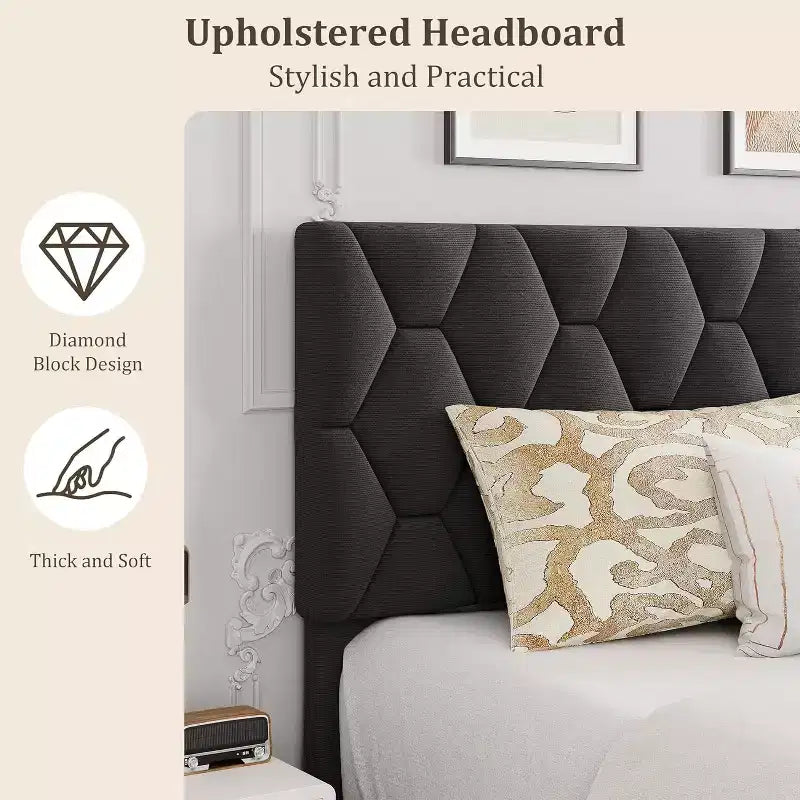 Cadre de lit King Size avec tête de lit capitonnée et support à lattes en bois, base de matelas rembourrée/sommier tapissier non requis/montage facile, gris