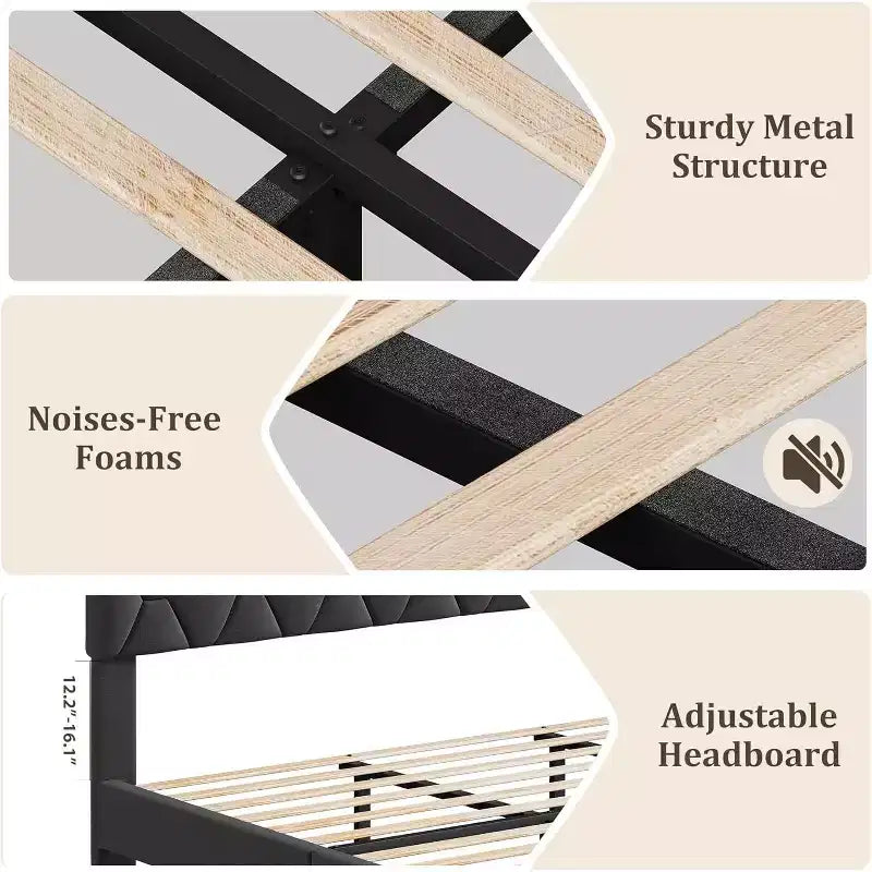 Cadre de lit King Size avec tête de lit capitonnée et support à lattes en bois, base de matelas rembourrée/sommier tapissier non requis/montage facile, gris