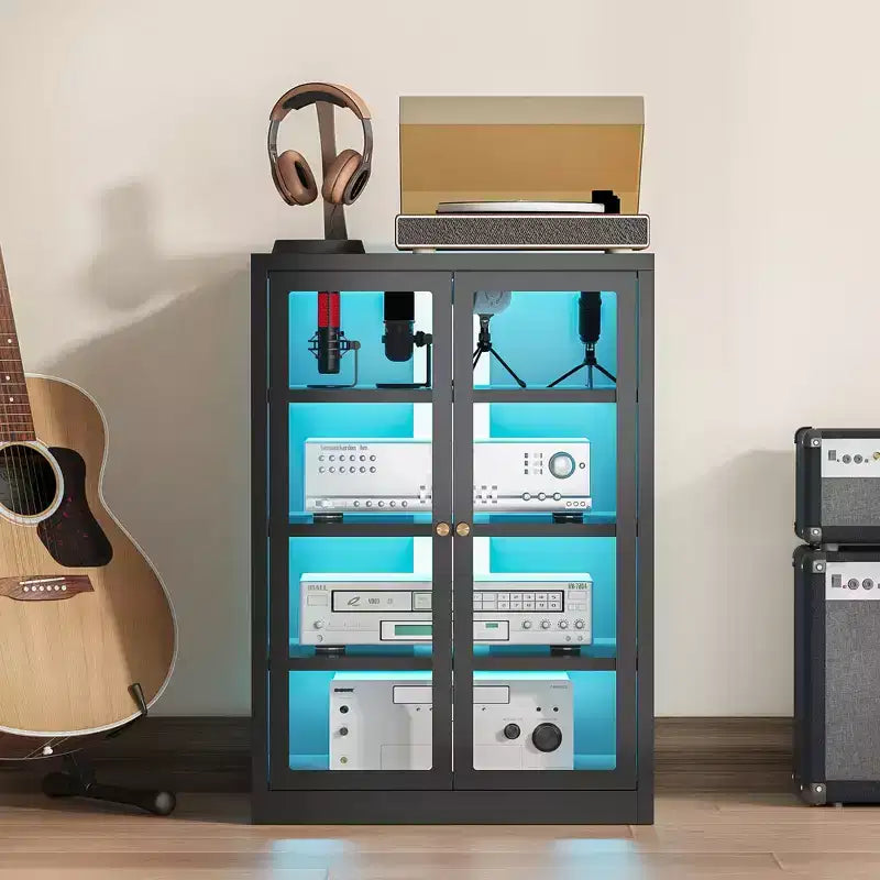 Meuble multimédia en métal, Meuble stéréo 4 niveaux avec portes en verre et étagères réglables, Rack audio-vidéo avec gestion des câbles