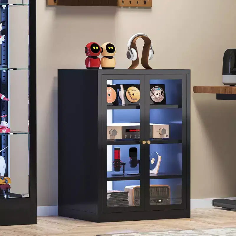 Meuble multimédia en métal, Meuble stéréo 4 niveaux avec portes en verre et étagères réglables, Rack audio-vidéo avec gestion des câbles