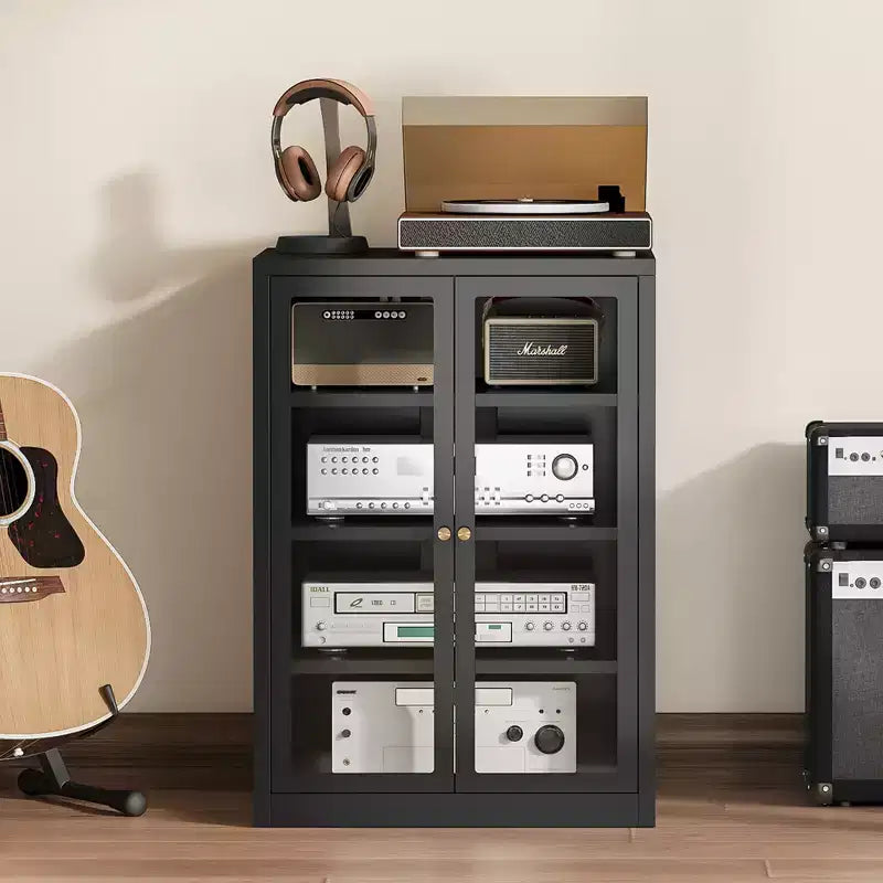 Meuble multimédia en métal, Meuble stéréo 4 niveaux avec portes en verre et étagères réglables, Rack audio-vidéo avec gestion des câbles