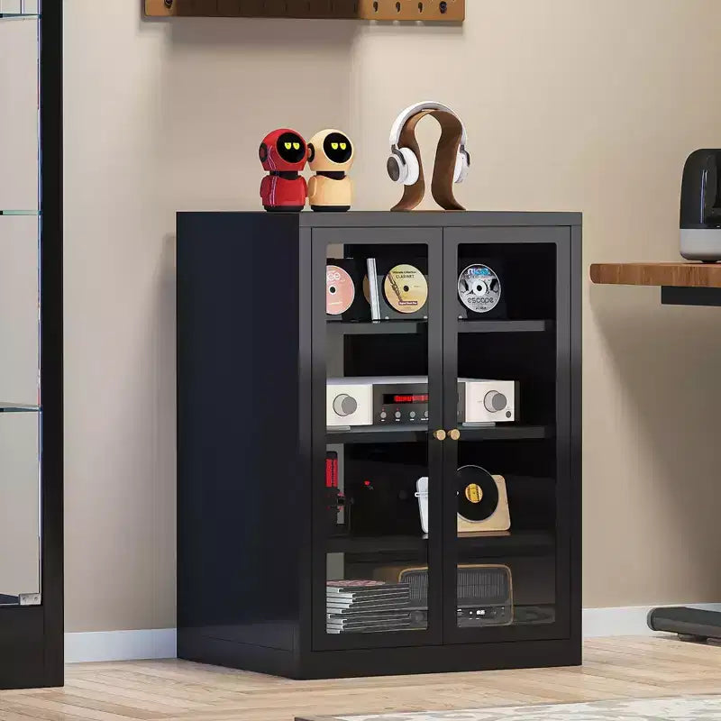 Meuble multimédia en métal, Meuble stéréo 4 niveaux avec portes en verre et étagères réglables, Rack audio-vidéo avec gestion des câbles