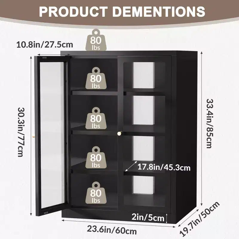 Meuble multimédia en métal, Meuble stéréo 4 niveaux avec portes en verre et étagères réglables, Rack audio-vidéo avec gestion des câbles