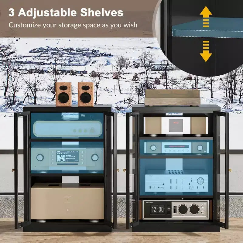 Meuble multimédia en métal, Meuble stéréo 4 niveaux avec portes en verre et étagères réglables, Rack audio-vidéo avec gestion des câbles