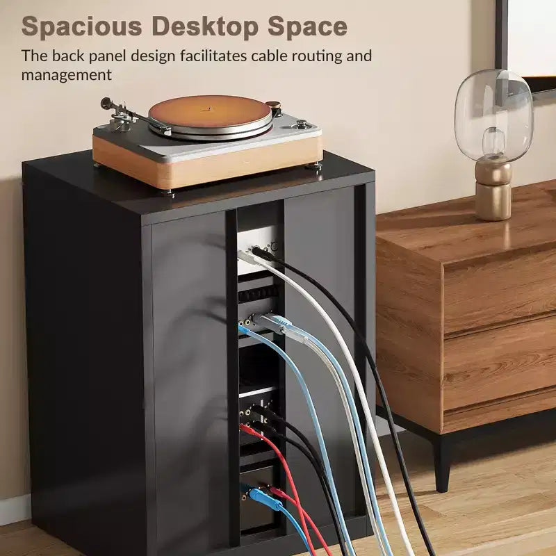 Meuble multimédia en métal, Meuble stéréo 4 niveaux avec portes en verre et étagères réglables, Rack audio-vidéo avec gestion des câbles