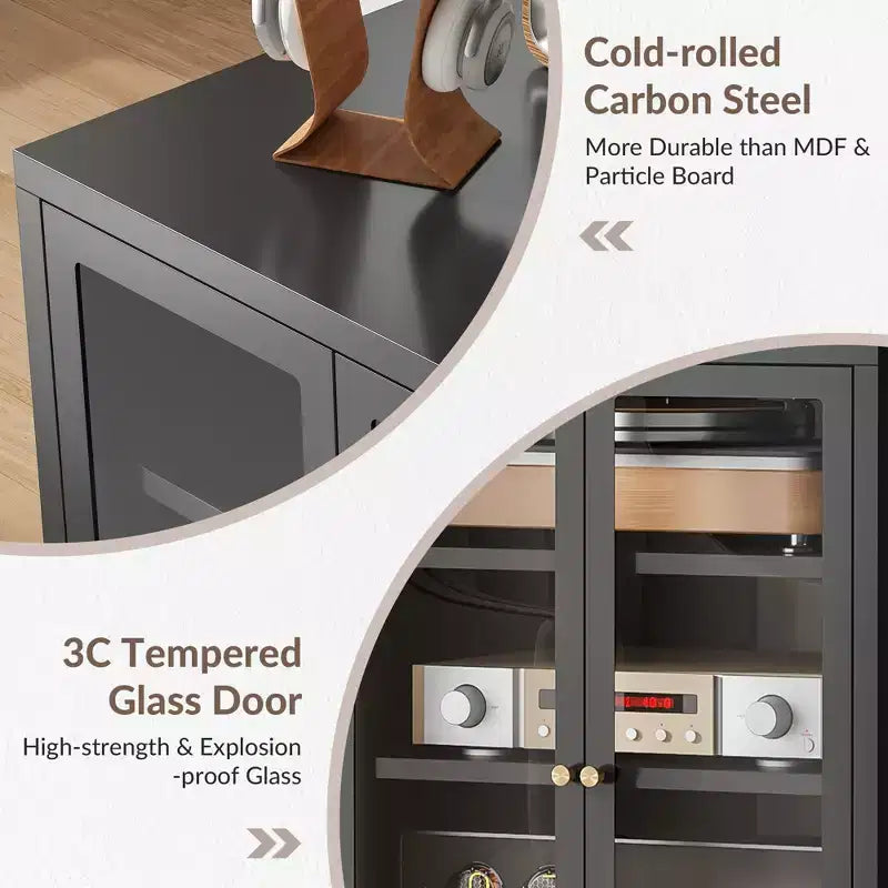 Meuble multimédia en métal, Meuble stéréo 4 niveaux avec portes en verre et étagères réglables, Rack audio-vidéo avec gestion des câbles